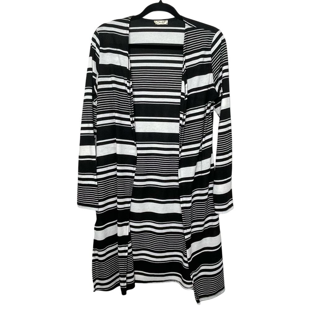 Olivia Rae Cardigan Sweater Open Front Waffle‎ Knit Striped Black White Large